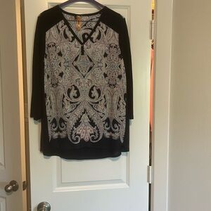 Print and navy blouse